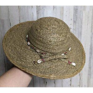 SCALA Womens Wide Brim Straw Sun Hat Beaded Shells One Size Boho Beach